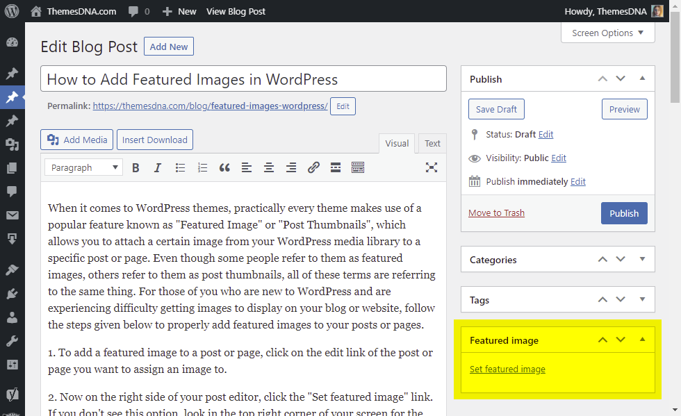 Set Featured Image WordPress